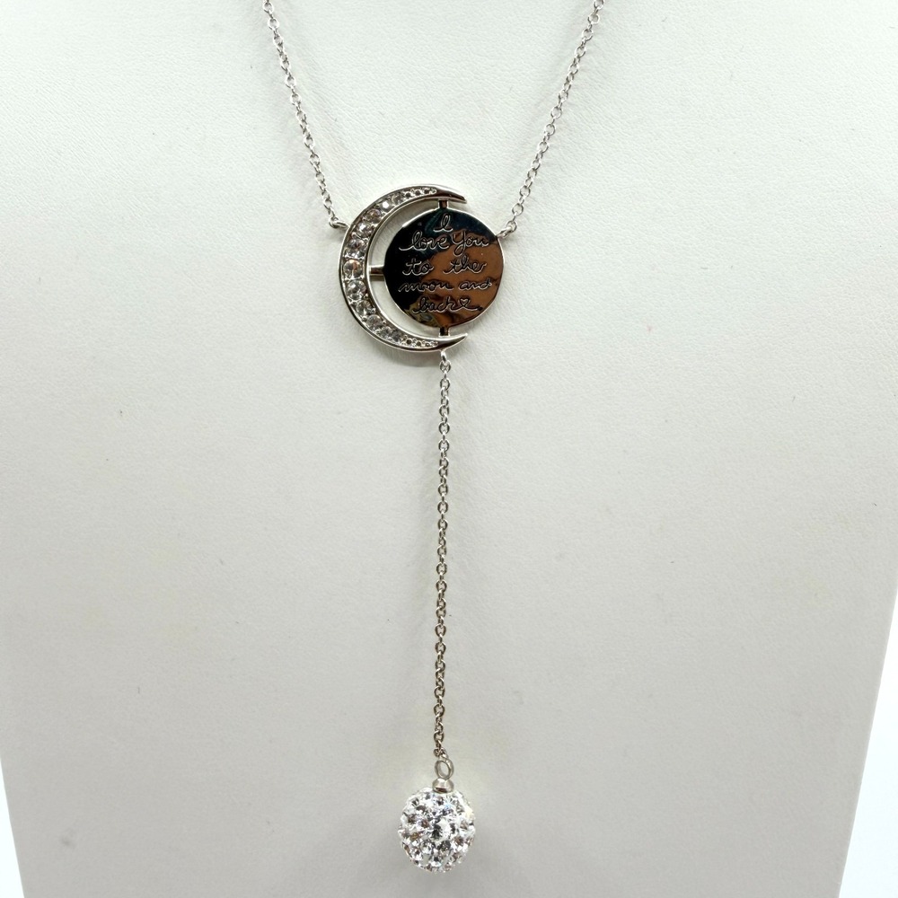 VTG Silver Tone Love You to the Moon Lariat Necklace Crystal Pendant